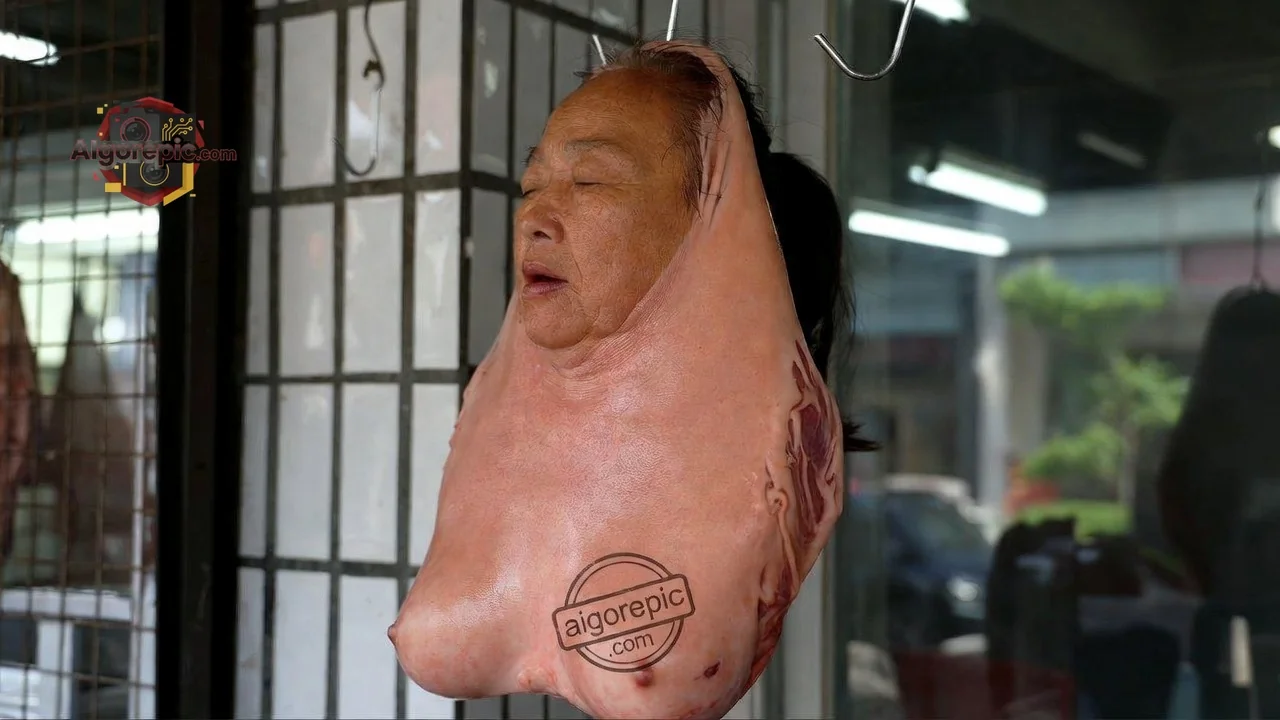 Meat Display in Butcher Shop - AI Generated Horror