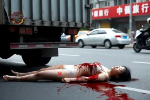 Woman on Road with Blood