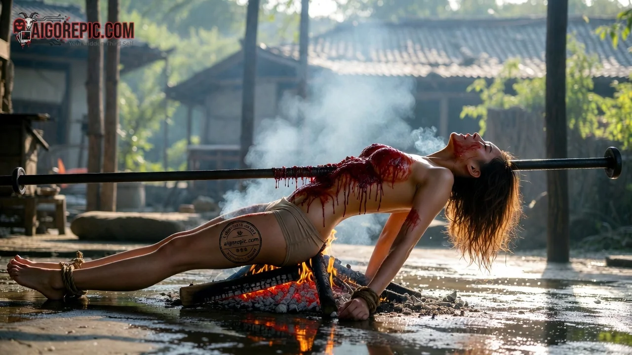 Woman on Spit over Fire - AI Generated Horror