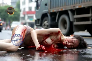 Woman on Street with Blood