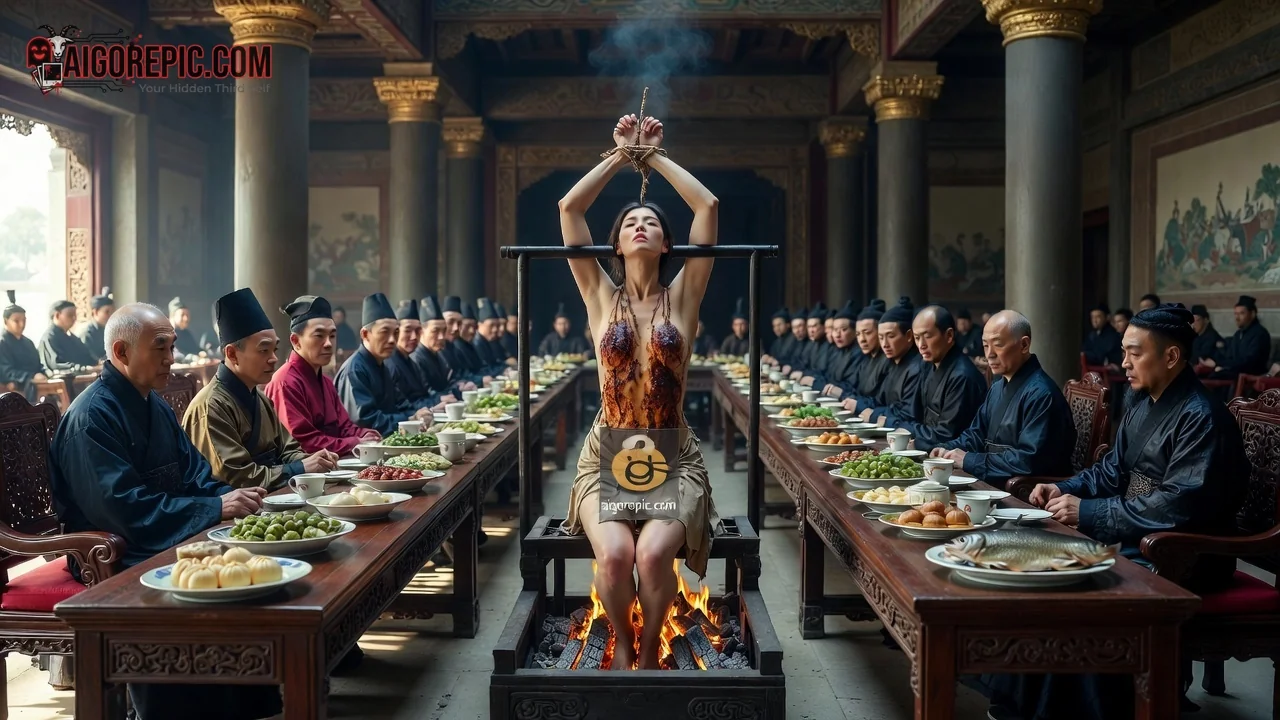 Woman Roasted at Banquet Table - AI Generated Horror