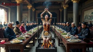 Woman Roasted at Banquet Table