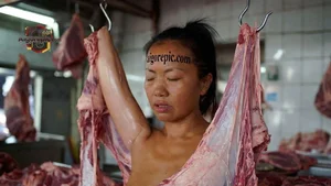 Woman with Meat in Market