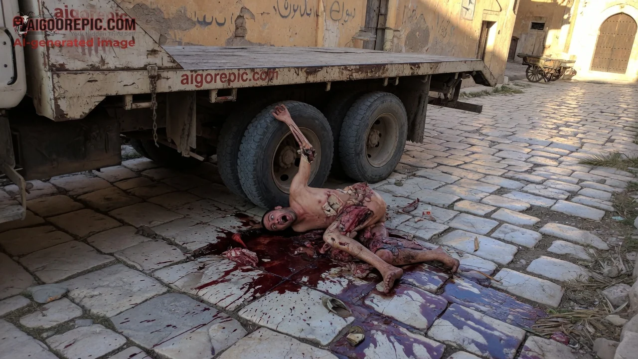 Gory Dismembered Man by Truck - AI Generated Horror