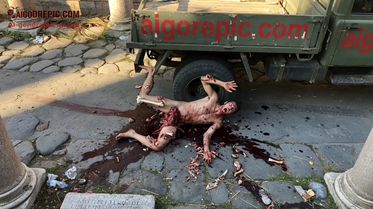 Gory Dismembered Man by Truck - AI Generated Horror