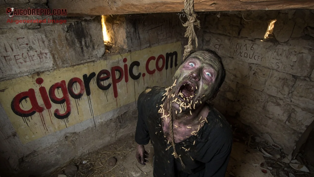 Hanging Zombie in Dark Cellar - AI Generated Horror