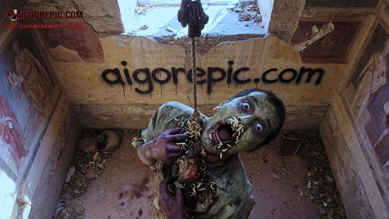 Hanging Zombie in Ruins - AI Generated Horror