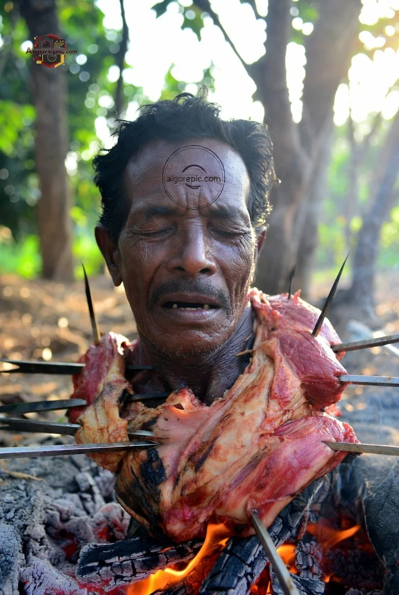 Man with Meat on Fire - AI Generated Horror