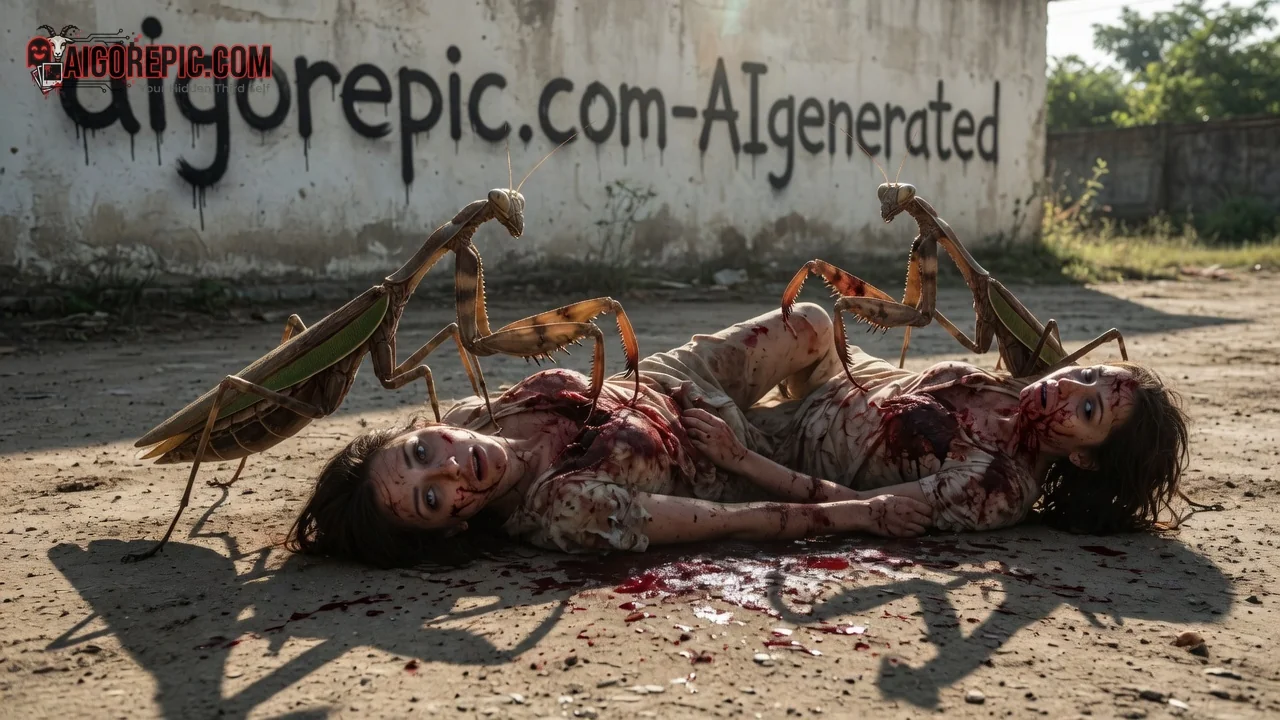 Mantis Attack on Bloodied Women - AI Generated Horror