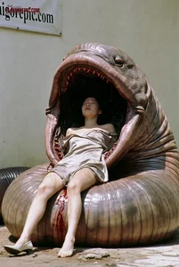 Woman in Giant Worm Chair